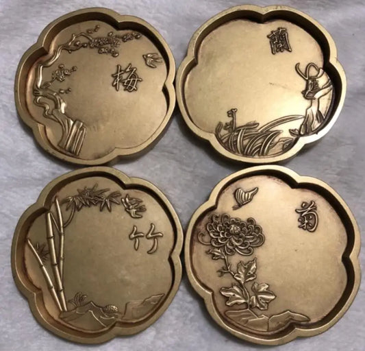 China brass Plum, Orchid, Bamboo and Chrysanthemum saucer crafts statue A set