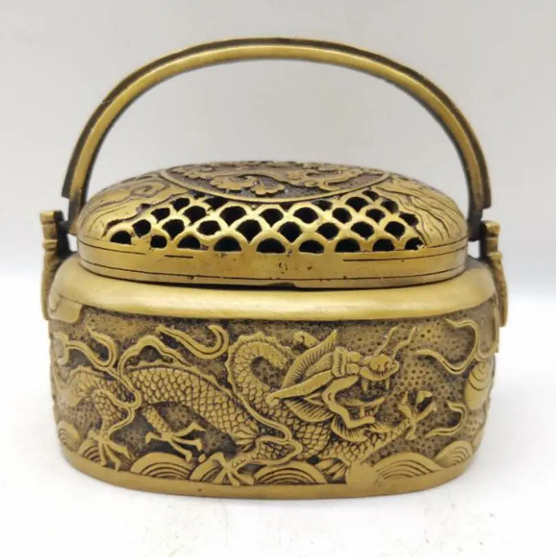 China brass Relief double dragon incense furnace crafts statue