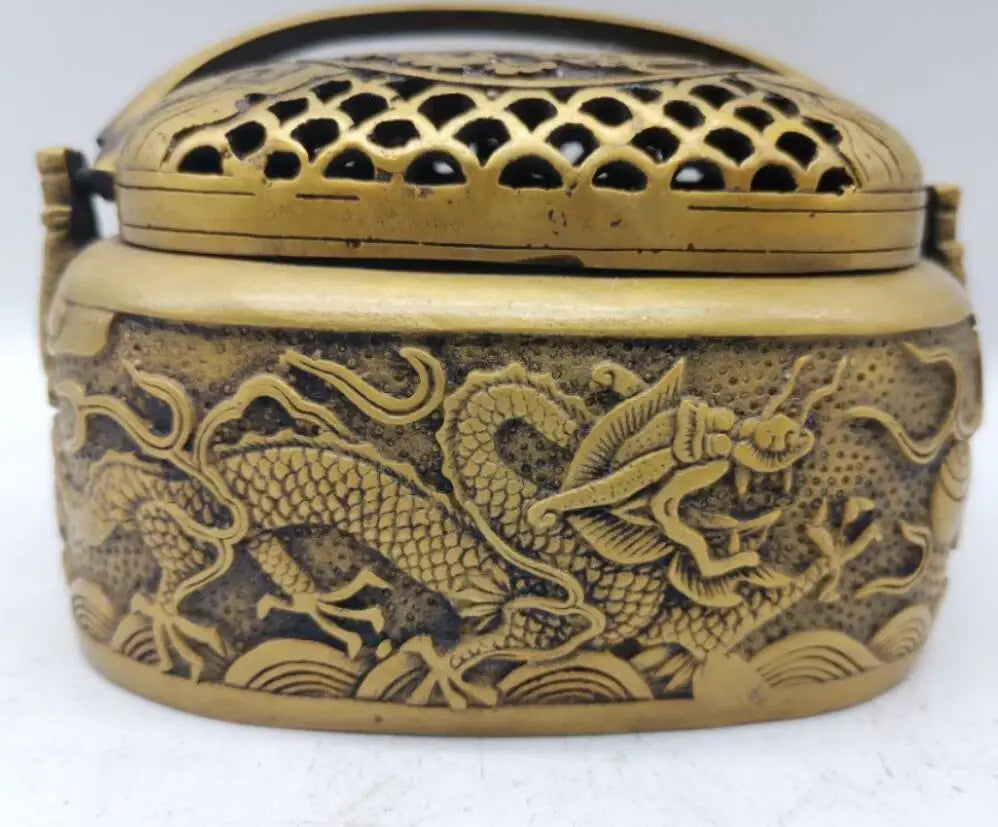 China brass Relief double dragon incense furnace crafts statue