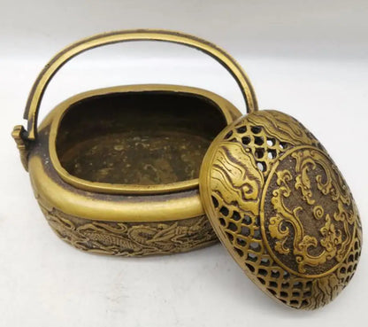 China brass Relief double dragon incense furnace crafts statue