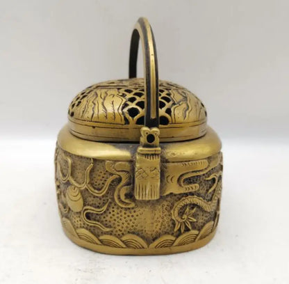 China brass Relief double dragon incense furnace crafts statue