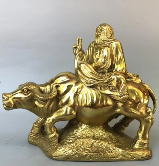 China brass Taoist school founder Lao tze ride cow crafts statue