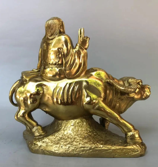 China brass Taoist school founder Lao tze ride cow crafts statue
