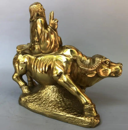 China brass Taoist school founder Lao tze ride cow crafts statue