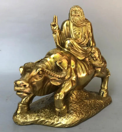China brass Taoist school founder Lao tze ride cow crafts statue