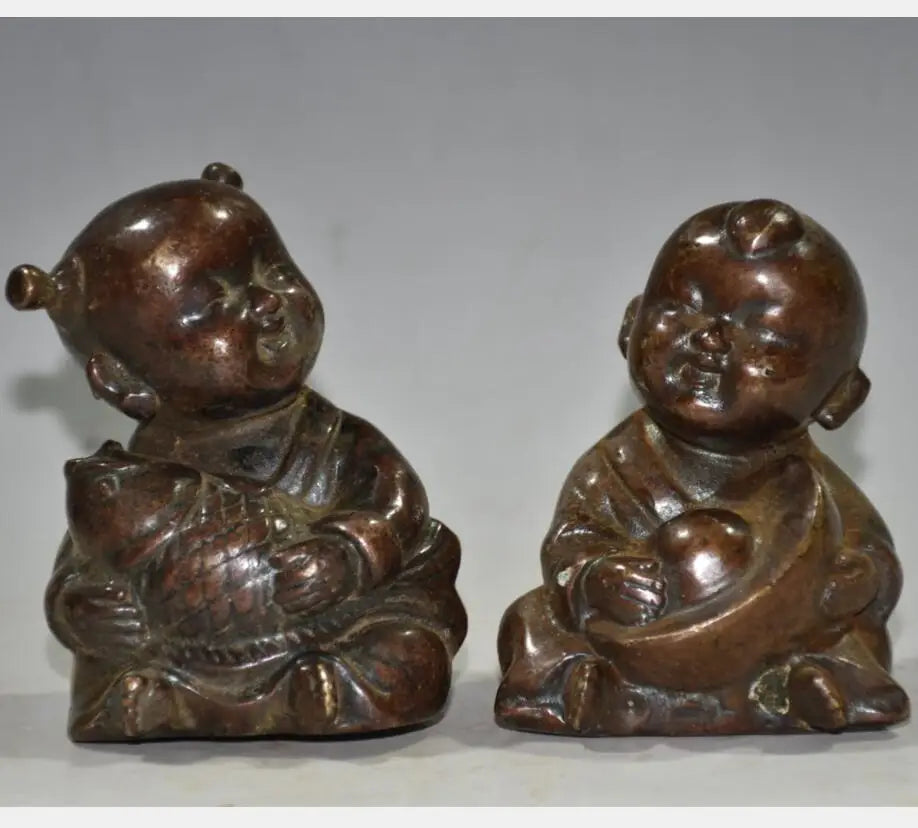 China brass archaize Boy and girl crafts statue A pair