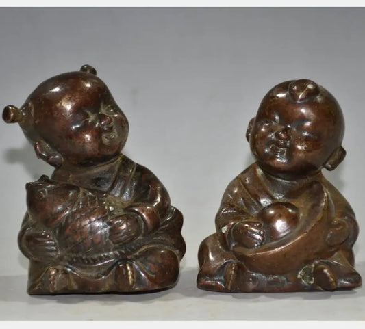 China brass archaize Boy and girl crafts statue A pair