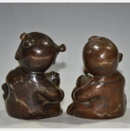 China brass archaize Boy and girl crafts statue A pair