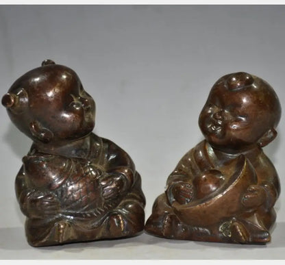 China brass archaize Boy and girl crafts statue A pair