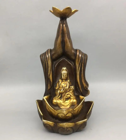China brass archaize Buddha hand Guanyin Backflow Incense Burner crafts statue