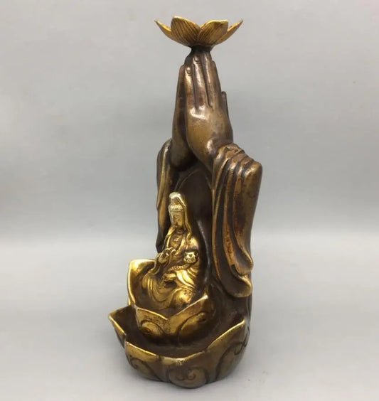 China brass archaize Buddha hand Guanyin Backflow Incense Burner crafts statue