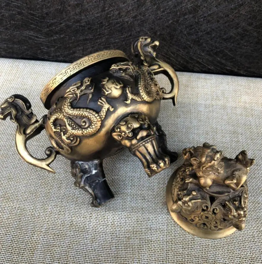 China brass archaize Double Dragon Incense burner crafts statue
