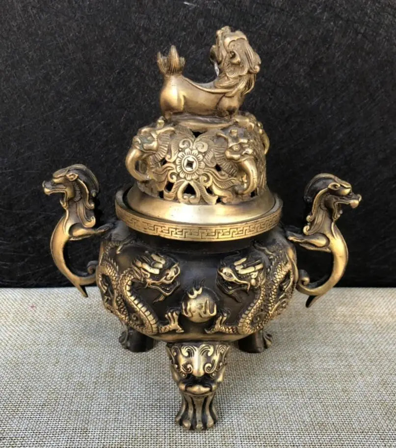 China brass archaize Double Dragon Incense burner crafts statue