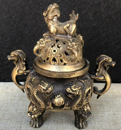 China brass archaize Double Dragon Incense burner crafts statue