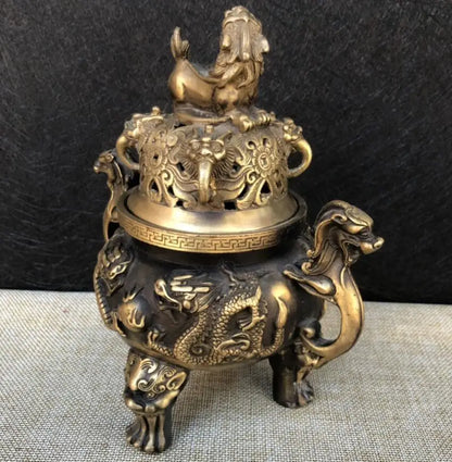 China brass archaize Double Dragon Incense burner crafts statue