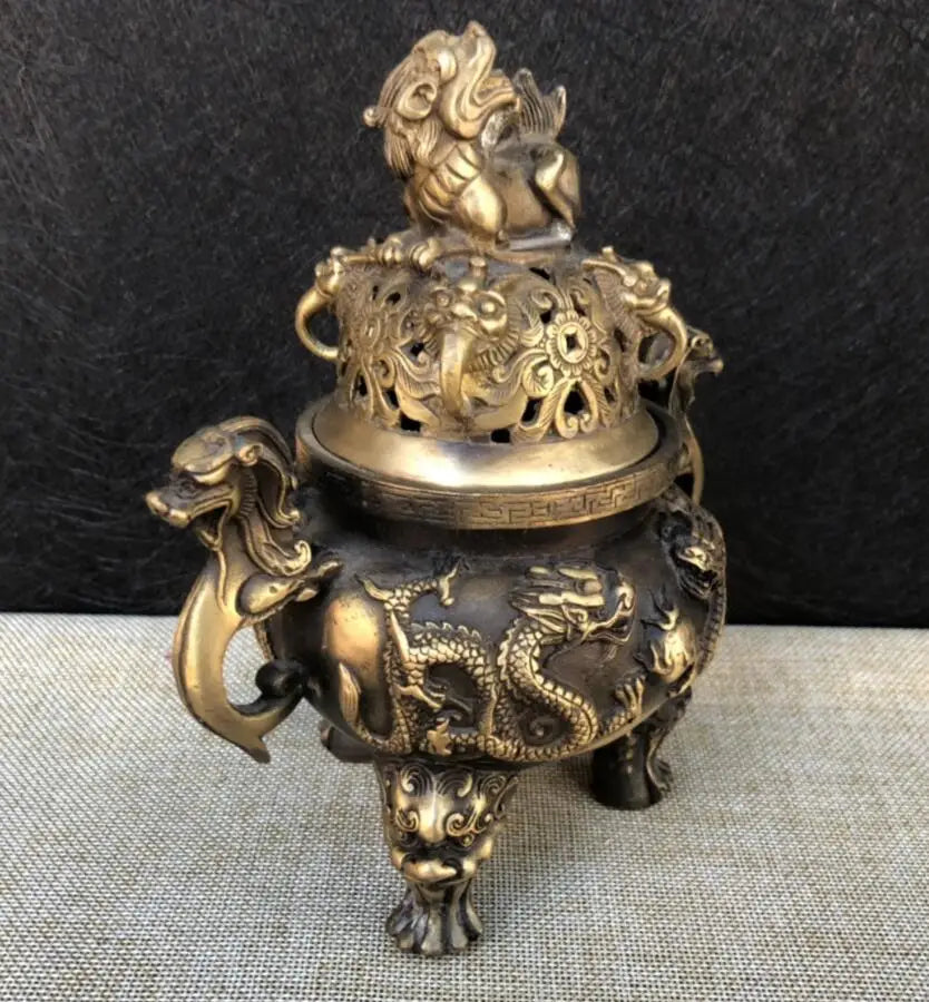 China brass archaize Double Dragon Incense burner crafts statue