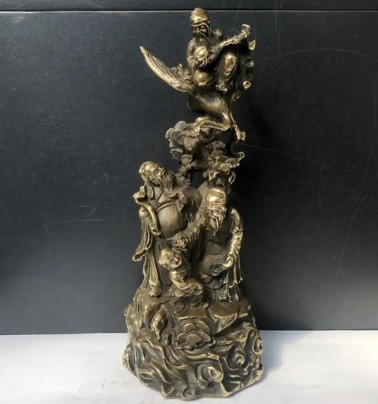 China brass archaize Fu lu shou Pine crane crafts statue