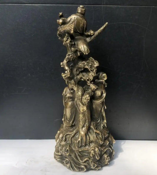China brass archaize Fu lu shou Pine crane crafts statue