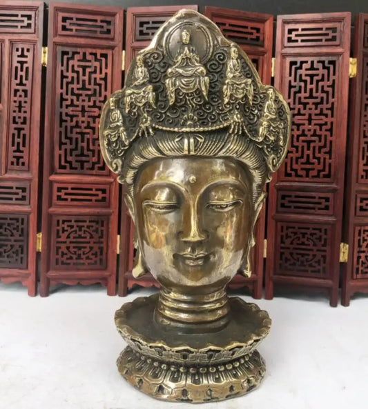 China brass archaize Guanyin bodhisattva head crafts statue