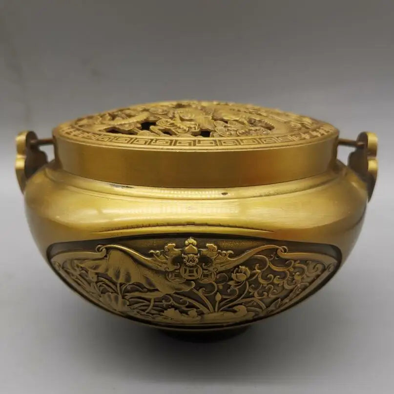 China brass archaize Hollow out Dragon phoenix Incense burner crafts statue