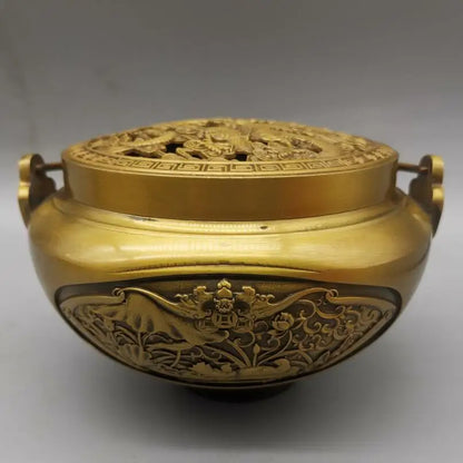 China brass archaize Hollow out Dragon phoenix Incense burner crafts statue