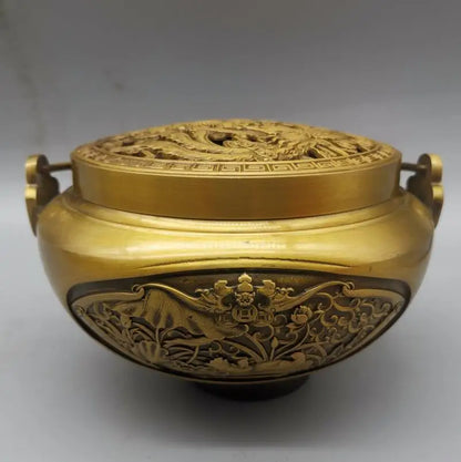 China brass archaize Hollow out Dragon phoenix Incense burner crafts statue