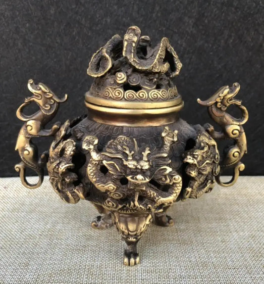 China brass archaize Hollow out nine dragon Incense burner crafts statue