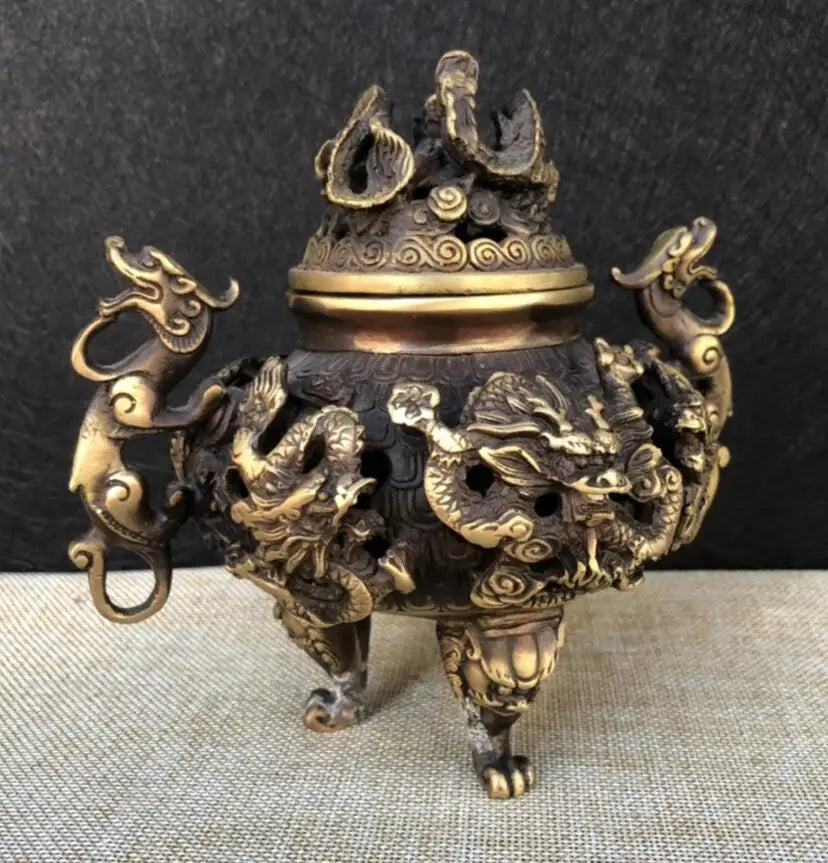 China brass archaize Hollow out nine dragon Incense burner crafts statue