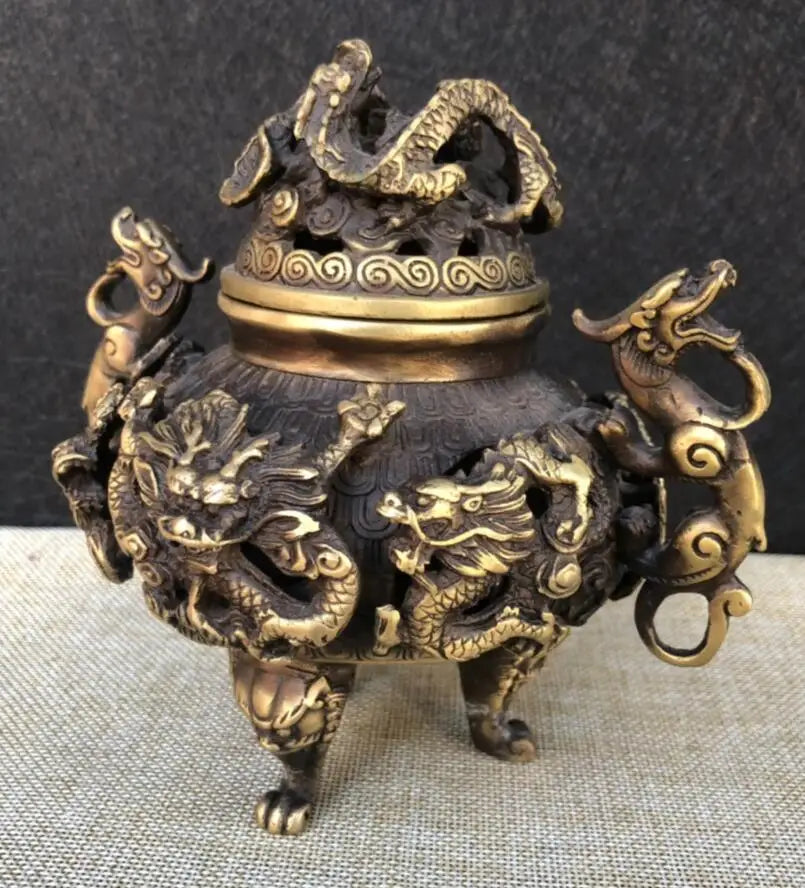China brass archaize Hollow out nine dragon Incense burner crafts statue