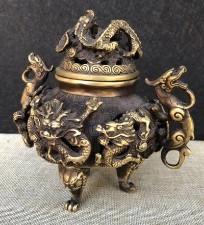 China brass archaize Hollow out nine dragon Incense burner crafts statue