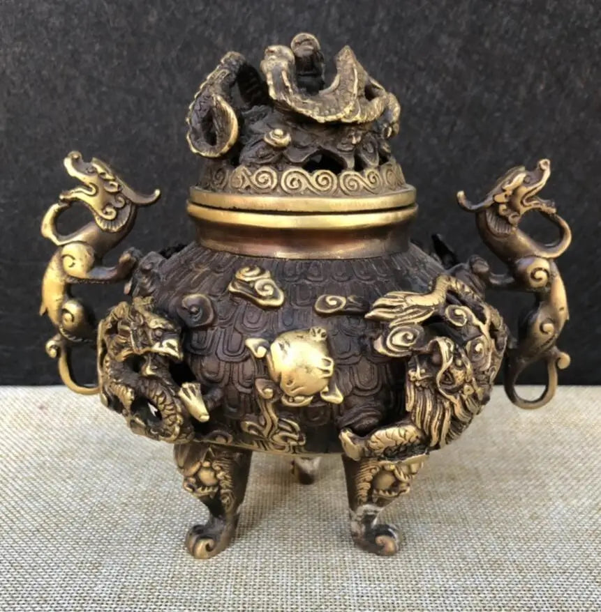 China brass archaize Hollow out nine dragon Incense burner crafts statue