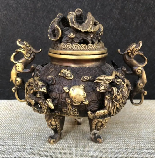 China brass archaize Hollow out nine dragon Incense burner crafts statue