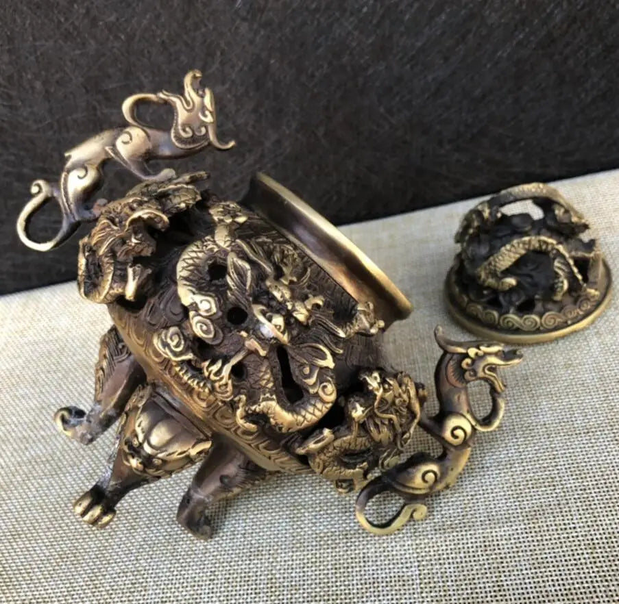 China brass archaize Hollow out nine dragon Incense burner crafts statue