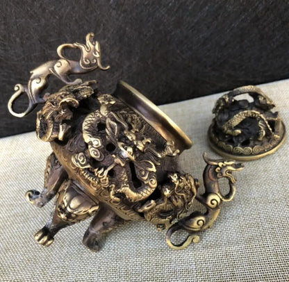 China brass archaize Hollow out nine dragon Incense burner crafts statue