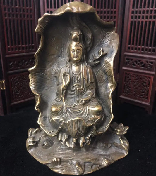 China brass archaize Lotus leaf Guanyin bodhisattva crafts statue
