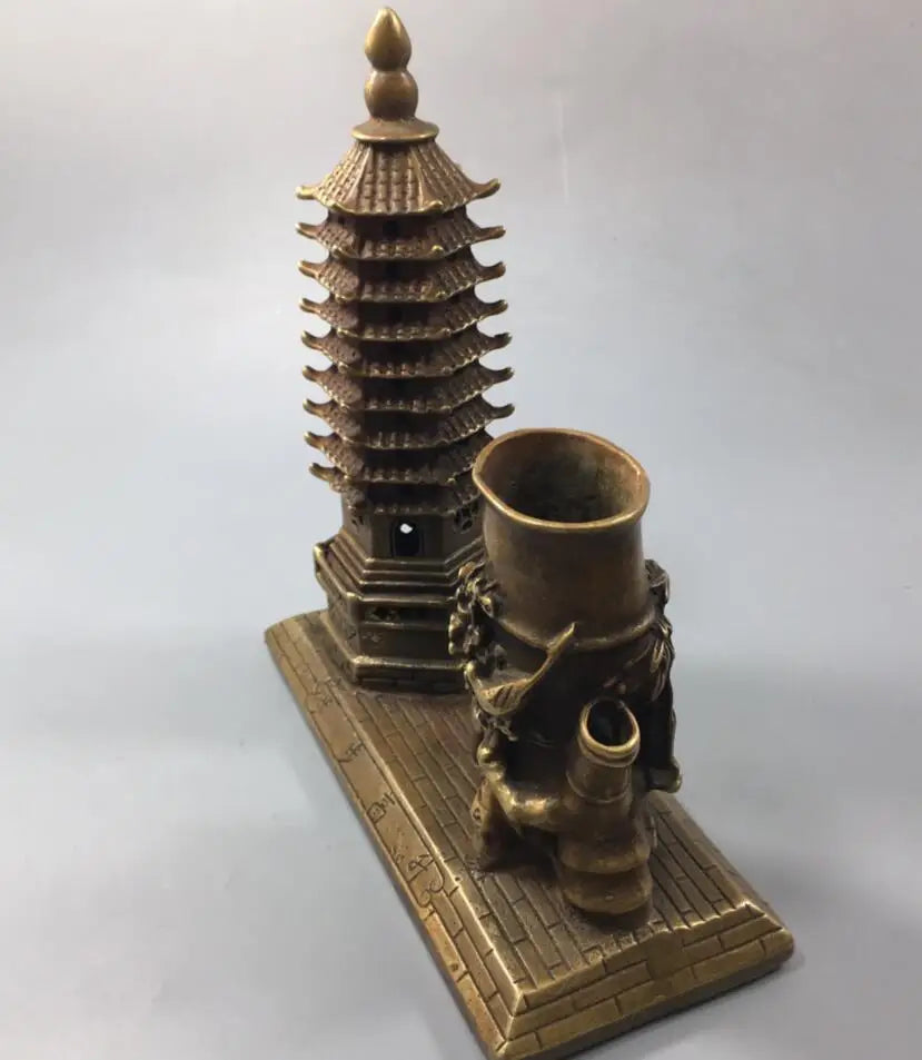 China brass archaize Tower Pen holder crafts statue