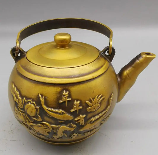 China brass archaize auspicious fish teapot crafts statue