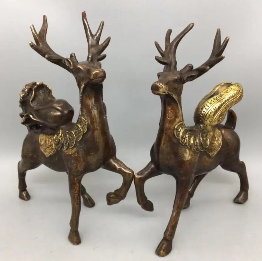 China brass archaize cabbage peanuts Sika deer crafts statue A pair