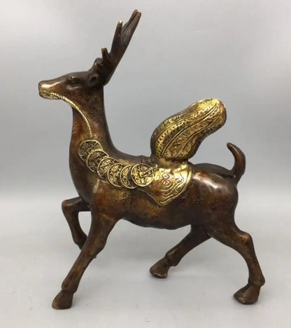 China brass archaize cabbage peanuts Sika deer crafts statue A pair