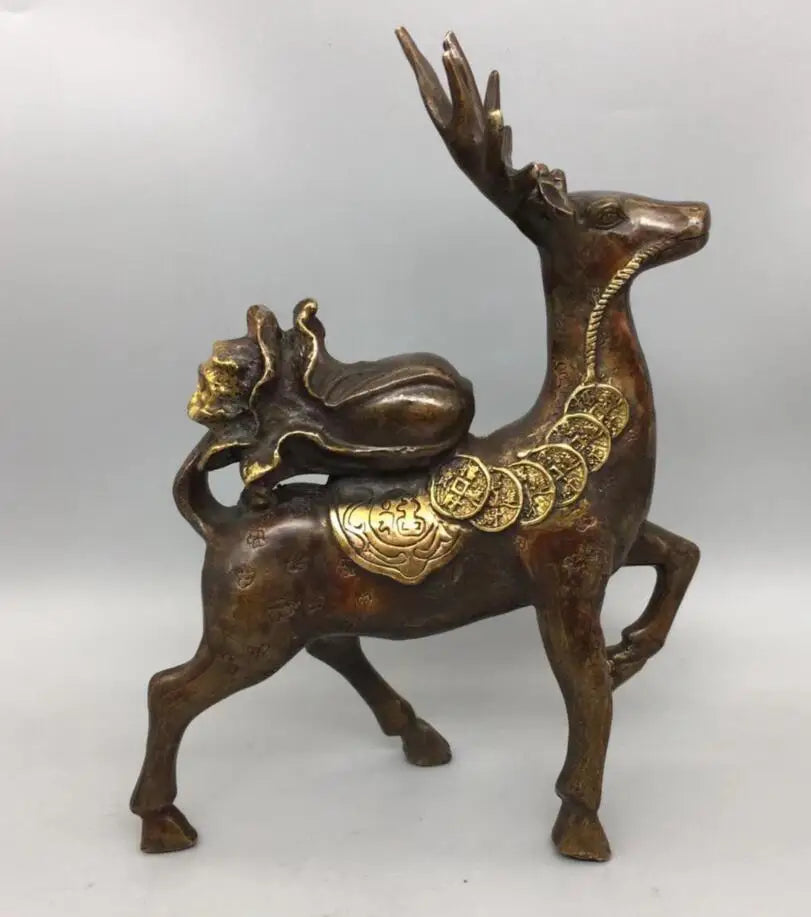 China brass archaize cabbage peanuts Sika deer crafts statue A pair