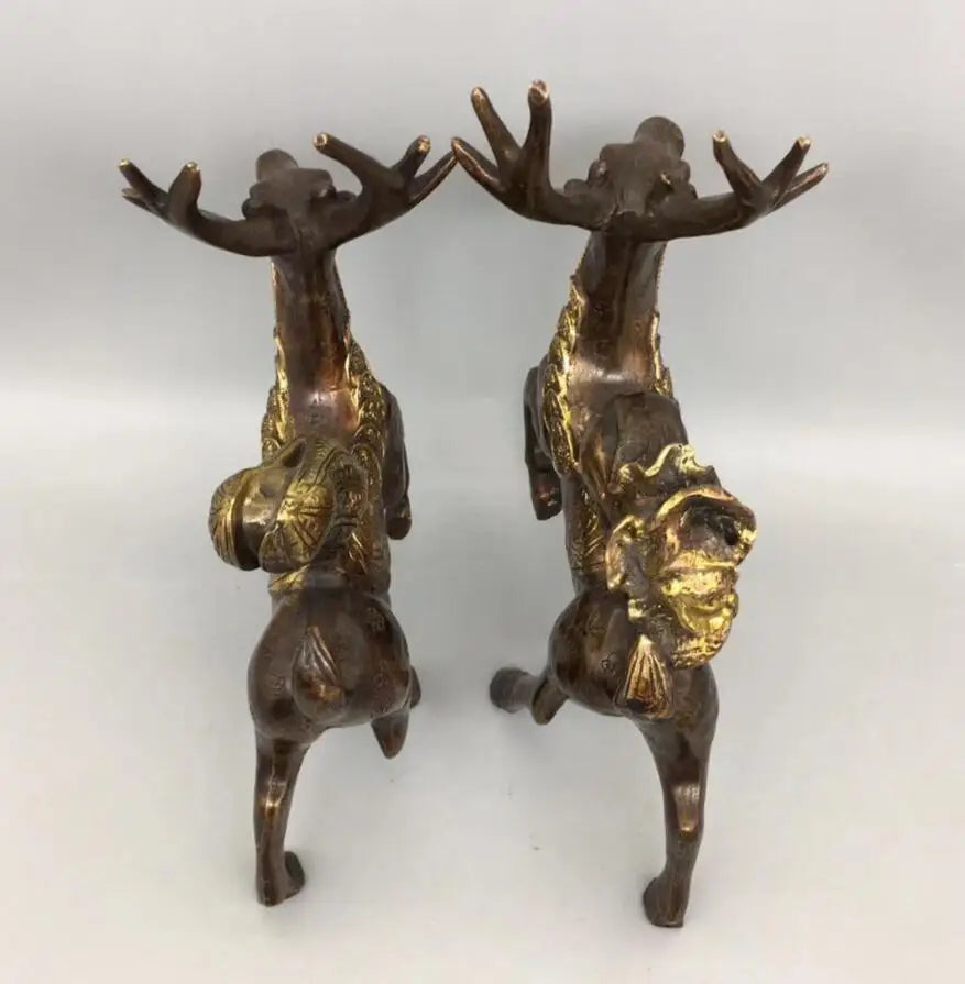 China brass archaize cabbage peanuts Sika deer crafts statue A pair