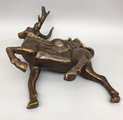 China brass archaize cabbage peanuts Sika deer crafts statue A pair