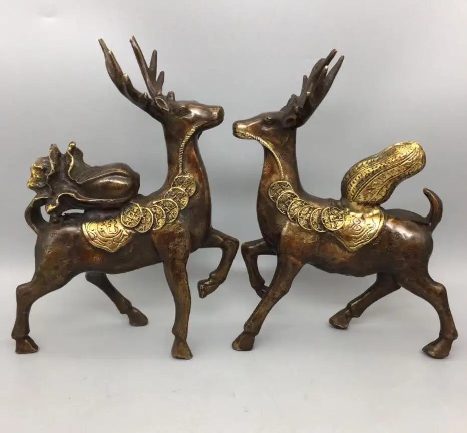 China brass archaize cabbage peanuts Sika deer crafts statue A pair
