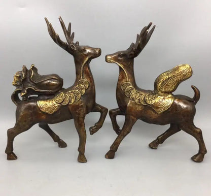 China brass archaize cabbage peanuts Sika deer crafts statue A pair