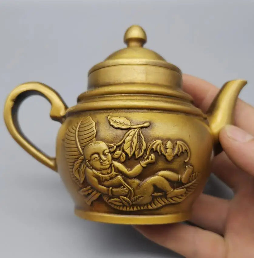 China brass archaize carving child teapot crafts statue