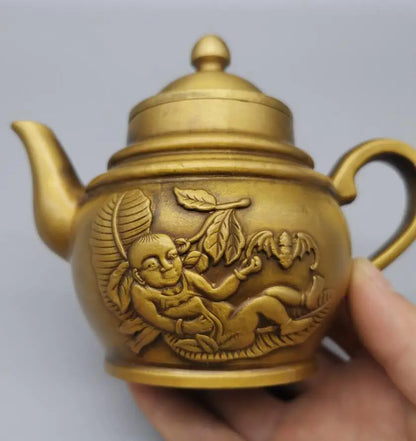 China brass archaize carving child teapot crafts statue