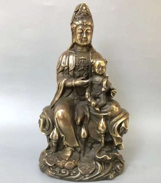 China brass archaize child Guanyin bodhisattva crafts statue