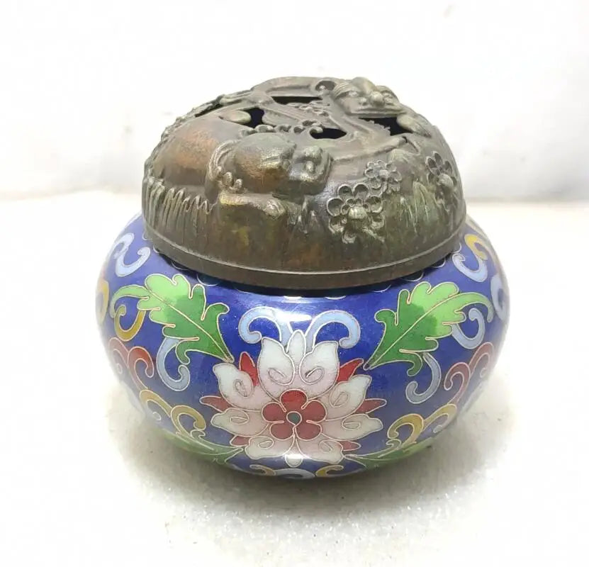 China brass archaize cloisonne Hollow out Twin lions Incense burner crafts statue