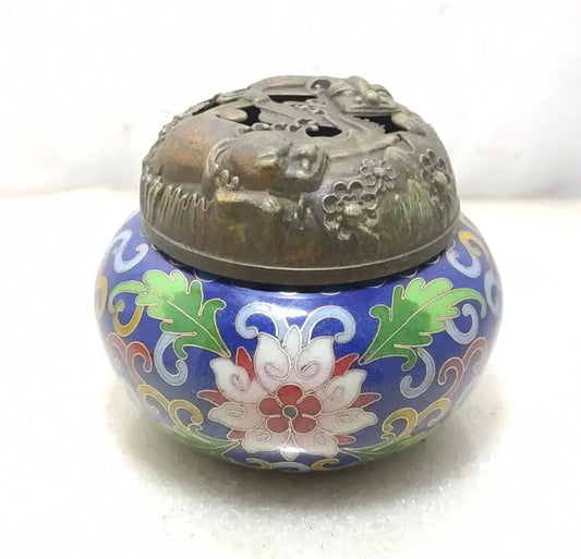 China brass archaize cloisonne Hollow out Twin lions Incense burner crafts statue