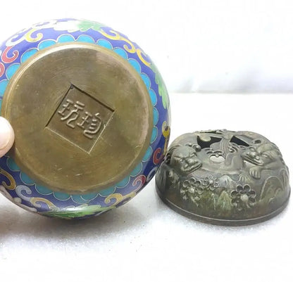 China brass archaize cloisonne Hollow out Twin lions Incense burner crafts statue